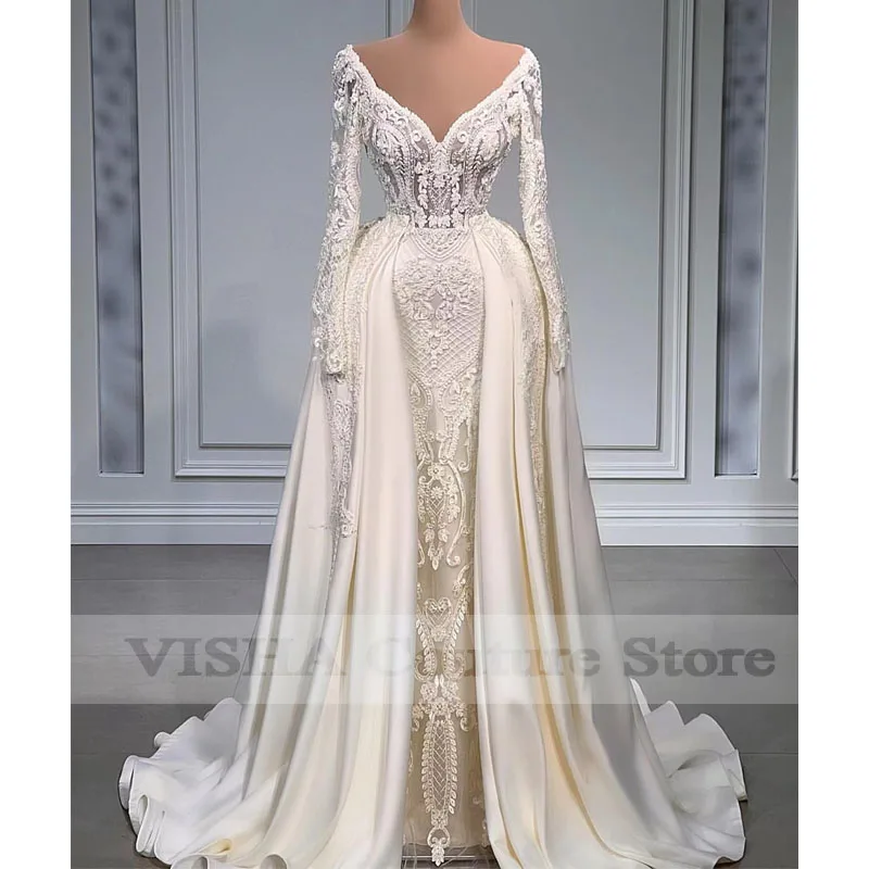 2022 Appliques Lace Mermaid Wedding Dresses Long Sleeves Vestido De Noiva Sereia Customize Bride Gown