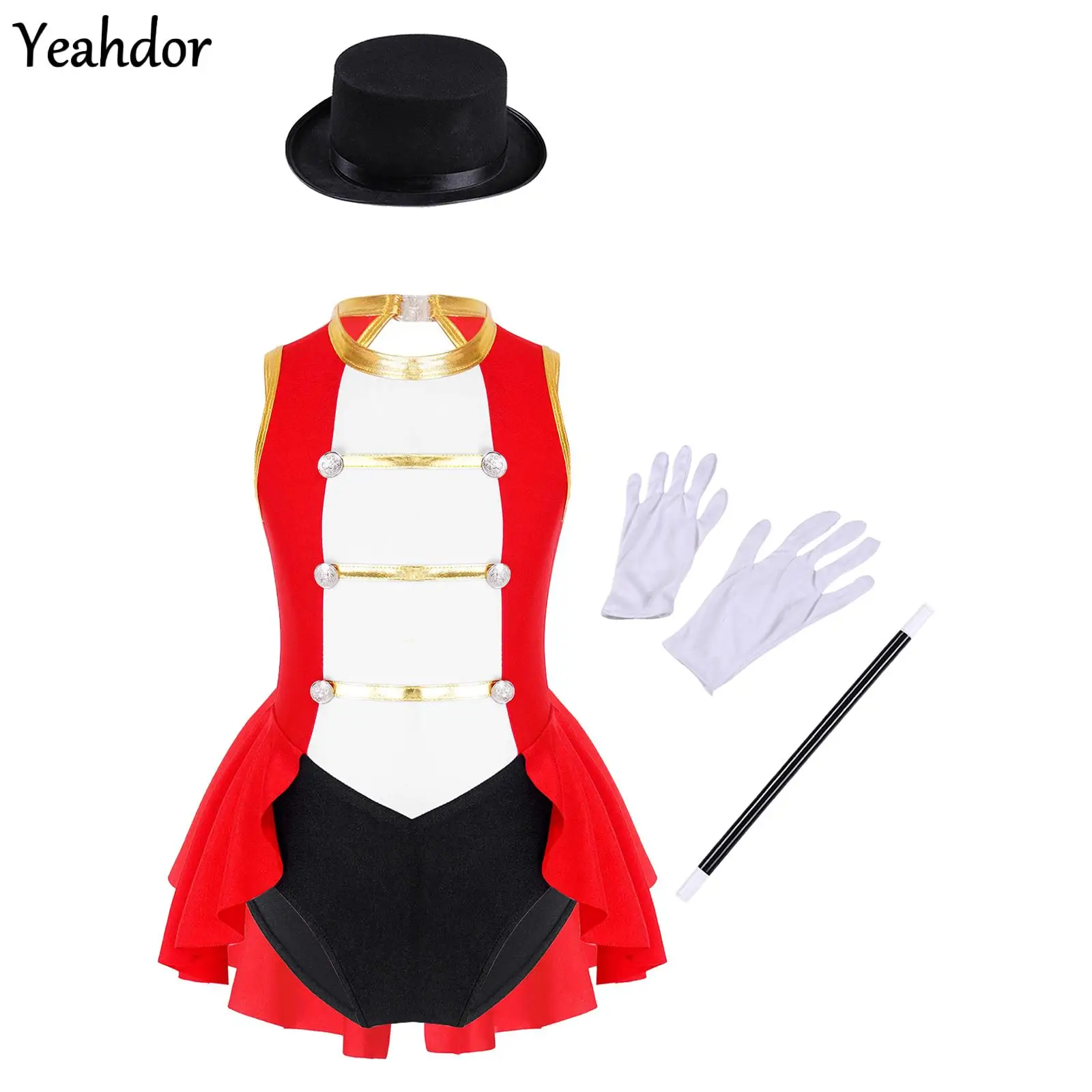 

Teen Girls Ringmaster Circus Costume Set Sleeveless Leotard Dress with Hat Magic Wand Gloves Halloween Cosplay Magician Dress Up