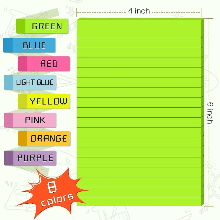 8 Pads of Lined Sticky Notes 4x6 in Post 8 Colors SelfStick Notes Pad with Bright and Colorful Big Rectangular Design for Offic