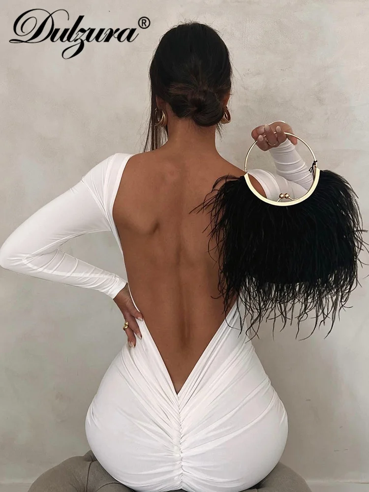 Dulzura Autumn Ruched Y2K Clothes Long Sleeve Backless O-Neck Bodycon Midi Dresses For Women 2024 Club Birthday Party Elegant