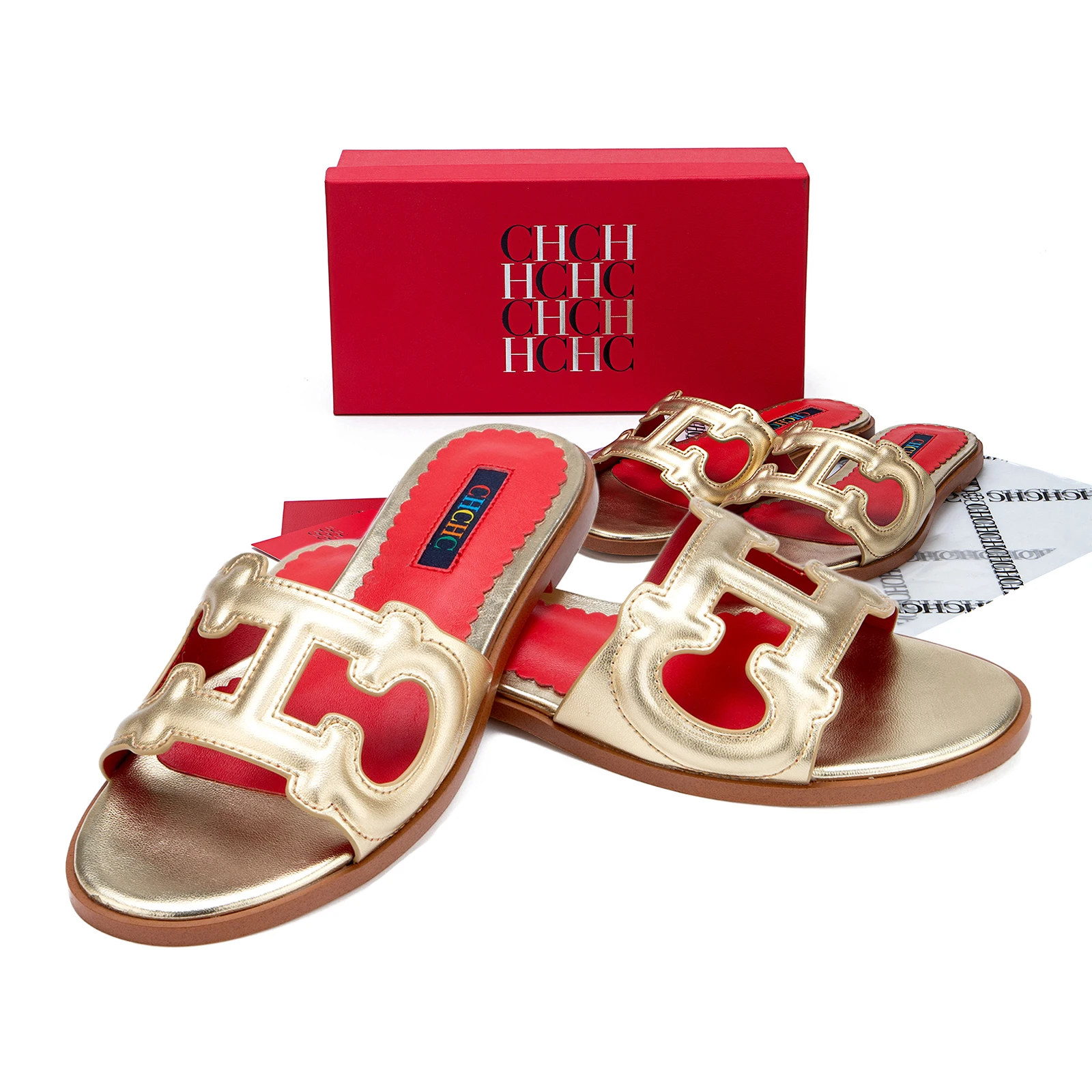 Women's Gilded H Metallic Slide Sandals Summer 2025 Orthopedic Non Slip Wave Trim Gala Breathable Vegan Leather Comfort