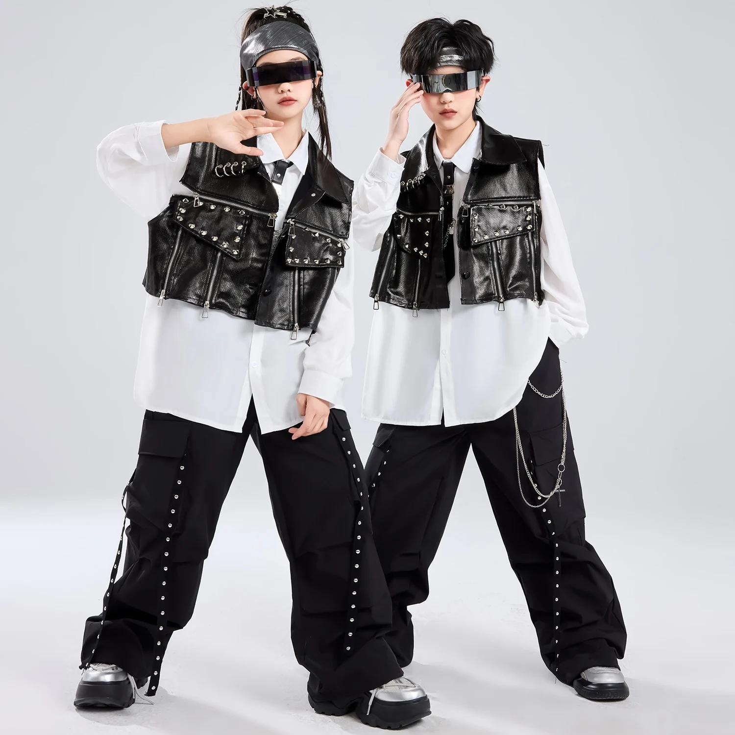 

Cool Handsome Hip Hop Dance Costume Boys Drum Show Clothing Black Leather Vest Pants Suit Girls Concert Stage Outfits BL15672