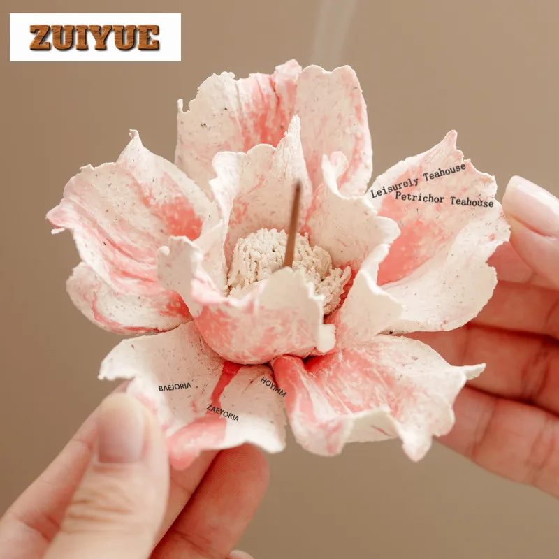 HOYIHM Handcrafted Ceramic Peony Incense Holder Water Fountain Decoration Incense Burners Meditation Censer Home Decoration