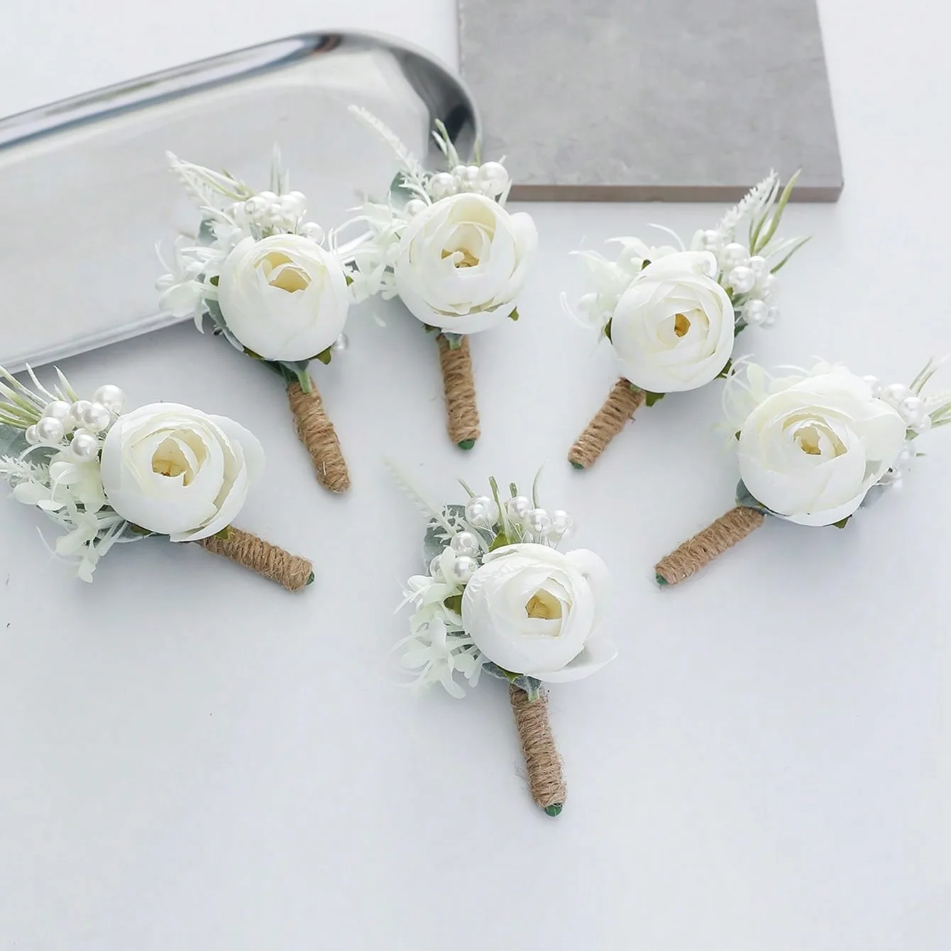 

White Bohemian Rose Flower Corsage & Wristlet - Perfect for Brides, Groomsmen, and Wedding Decorations