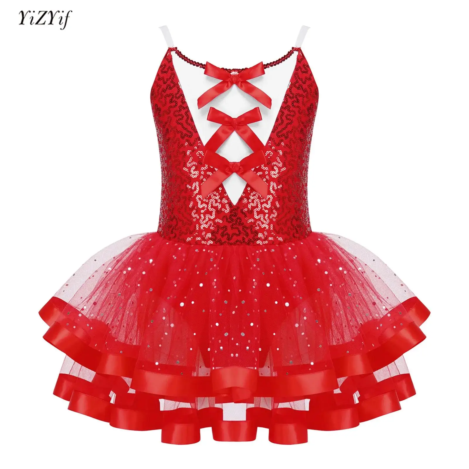 

Kids Girls Ballet Leotards Dress Sleeveless Adjustable Suspender Bowknot Shiny Sequins Tutu Mesh Dance Dress Christmas Costume