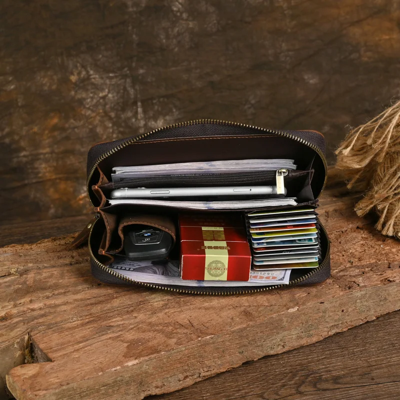 Genuine Cow Leather Clutch Wallets Multi Cards Tickets Organizer Cash Holder Vintage Brown Zipper Wallet Retro Pouch Bags Men