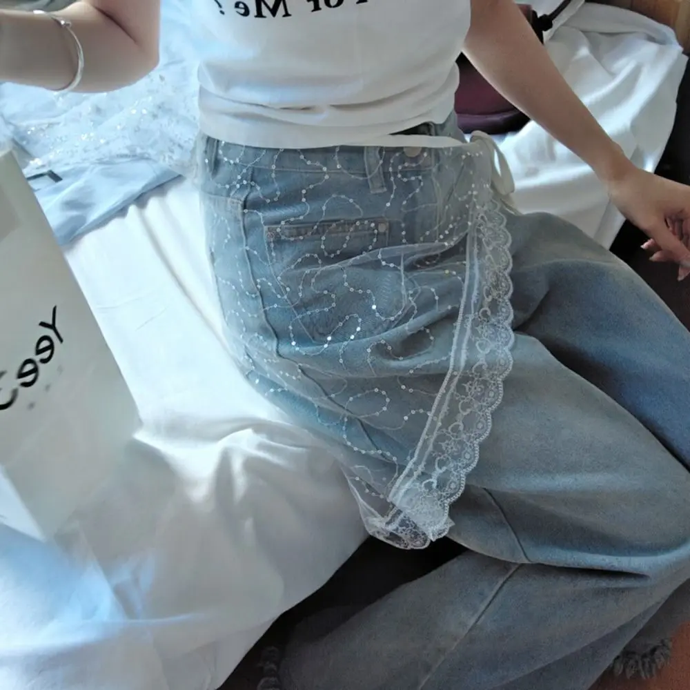 Fashion Korean Style Lace Mini Skirt Gauze Triangle Sequins Half Skirt Thin Cummerbund Dress Jeans Belt Spicy Girls