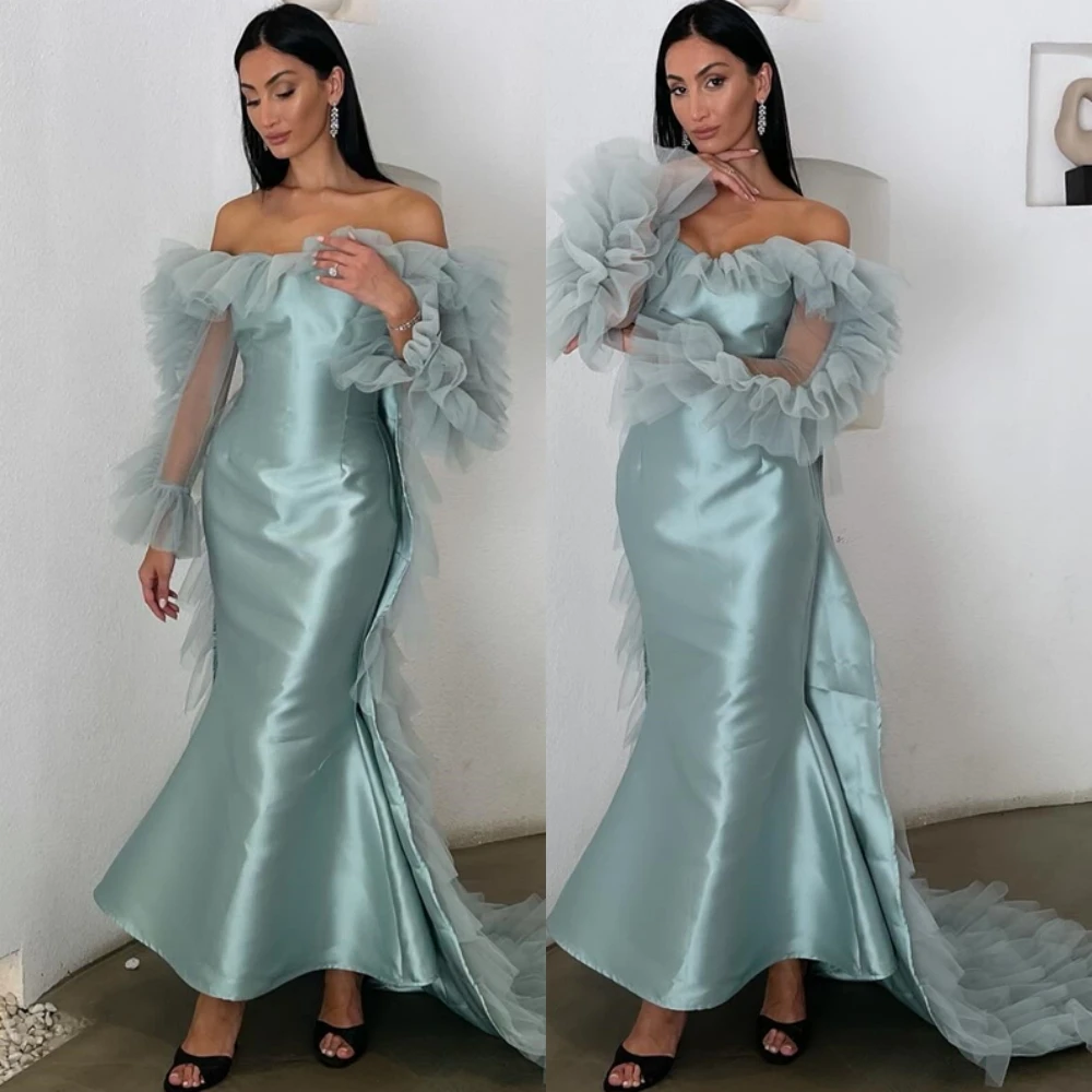 Vestido de noche de sirena sin tirantes de satén personalizado, exquisitos vestidos de fiesta con tren Watteau, vestidos elegantes para ocasiones especiales