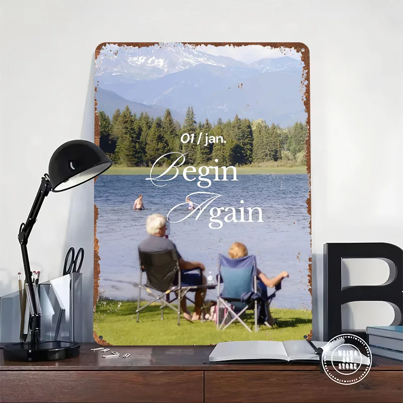 Begin Again Lakeside Personalized 3D Textured Metal Poster Wall Art Tinplate Sign for Vintage Home Decor Living Room Decoration