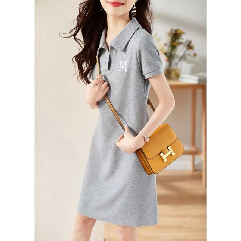 2023 Summer Trendy Gray Letter Embroidery Dresses for Women Y2K Simple Casual Polo Collar Short Sleeve Cotton T Shirt Midi Dress