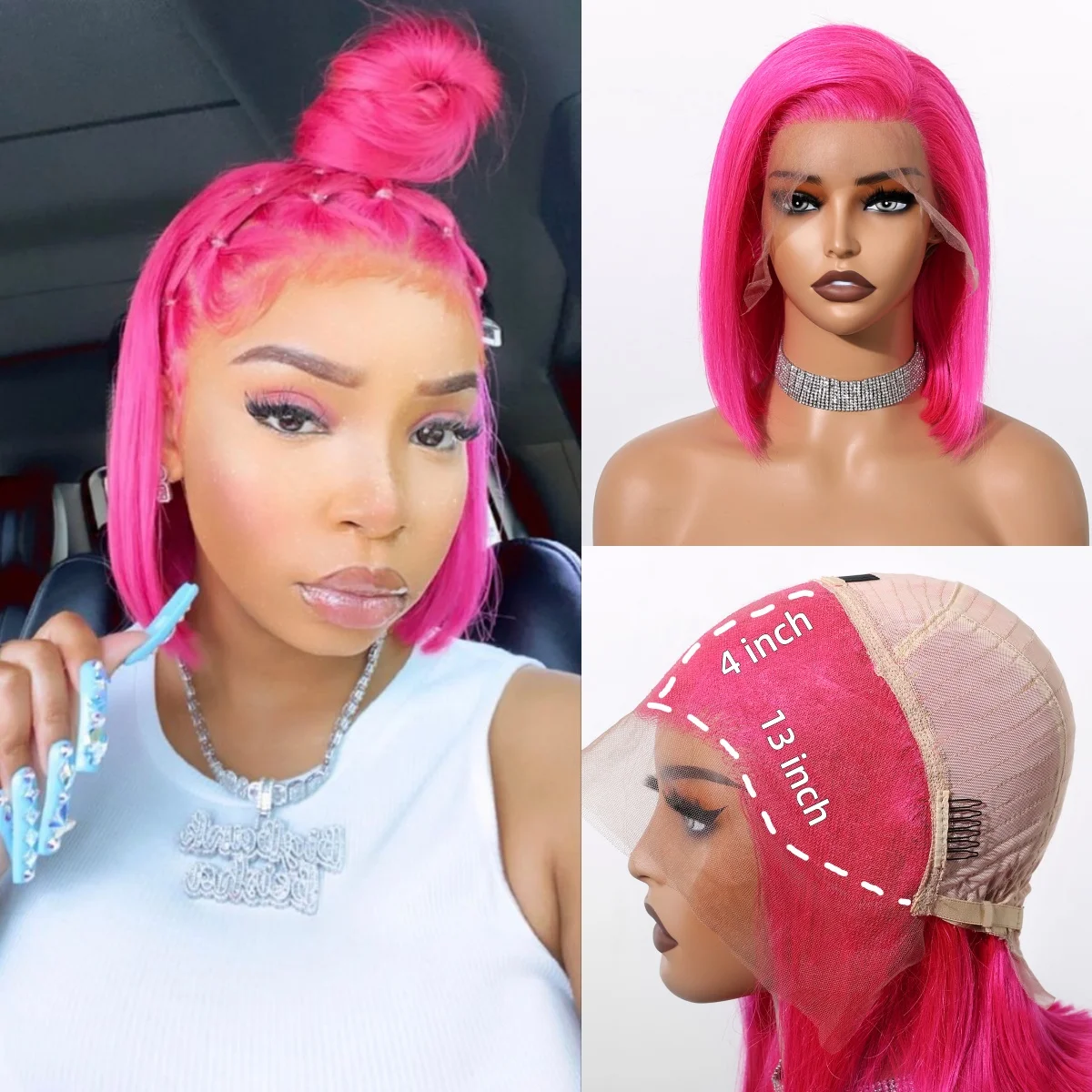 100% Remy Human Hair 13X4 Lace Front Wig Pink Bob Halloween Human Hair for Women Cosplay Costume Use Lace Frontal Wig Short Hair