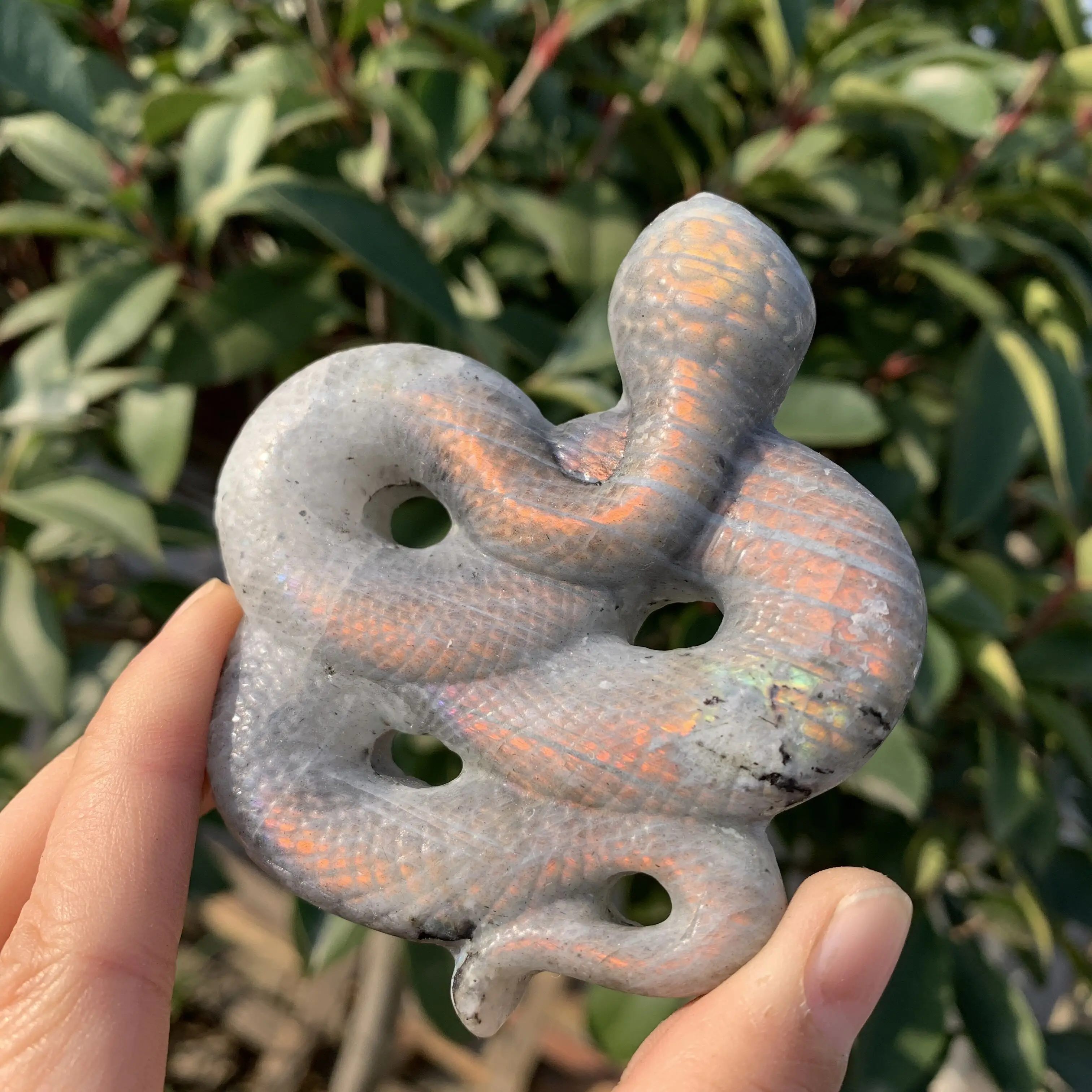 Natural Labradorite Snake Figurine Hand Carved Crystal Animal Statue Sculpture