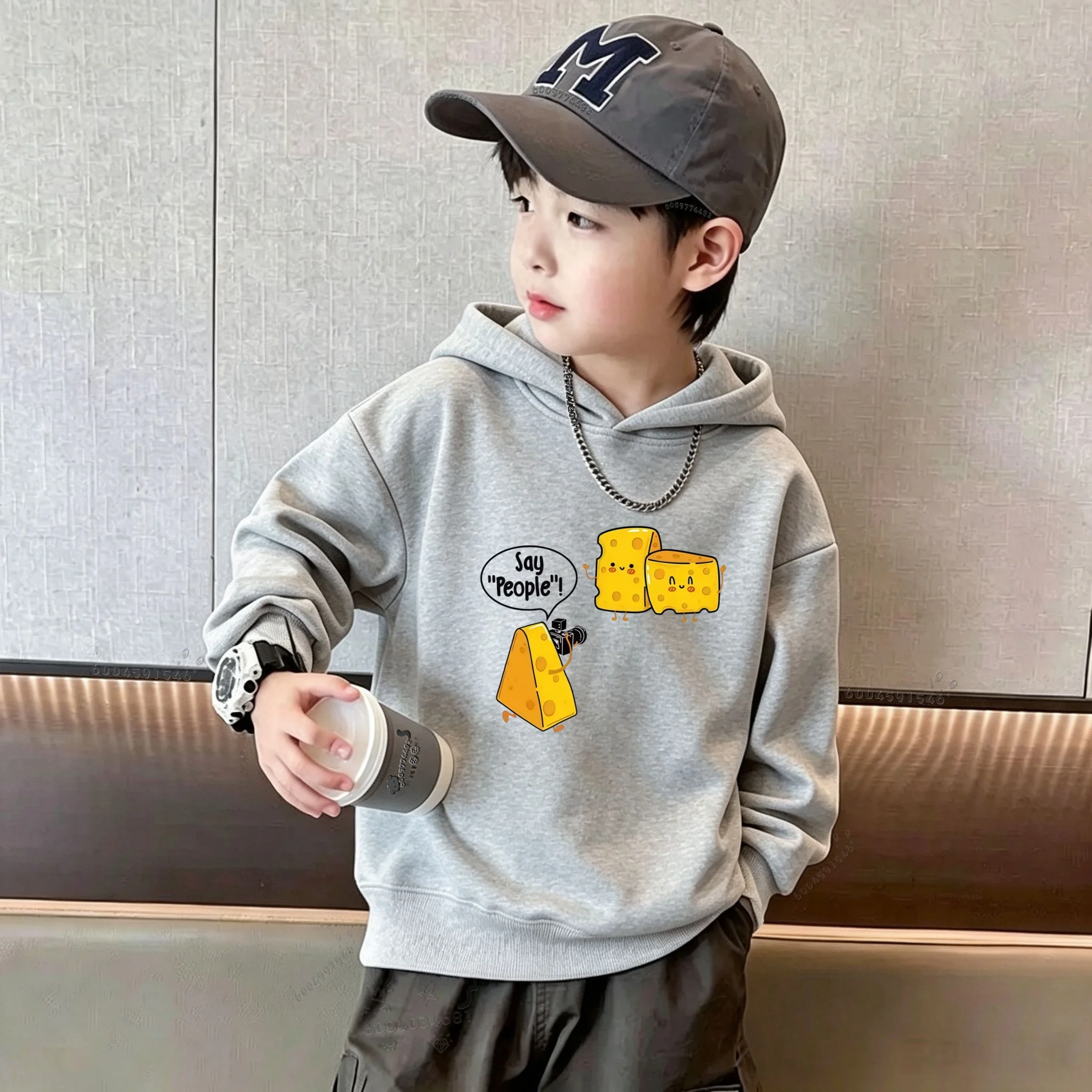 Trendy funny cartoon cheese cheese photo fun print oversized children's loose-fitting hooded top for middle school boys