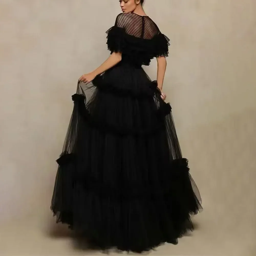 Abito da sera nero su misura Abito da sera formale da ballo con punto d'onda Abito da festa sexy con scollo a O in tulle A-line