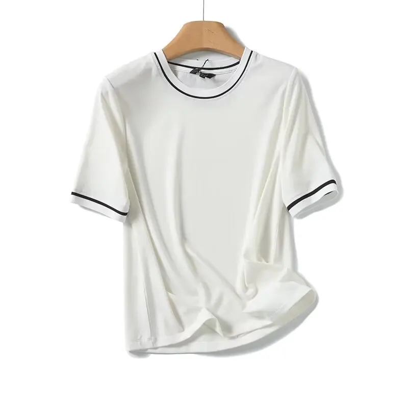 Maxdutti Fashion Contrast Round Neck Cotton T-shirt For Summer Nordic Minimalism Short Sleeved Tshirts Women Tops