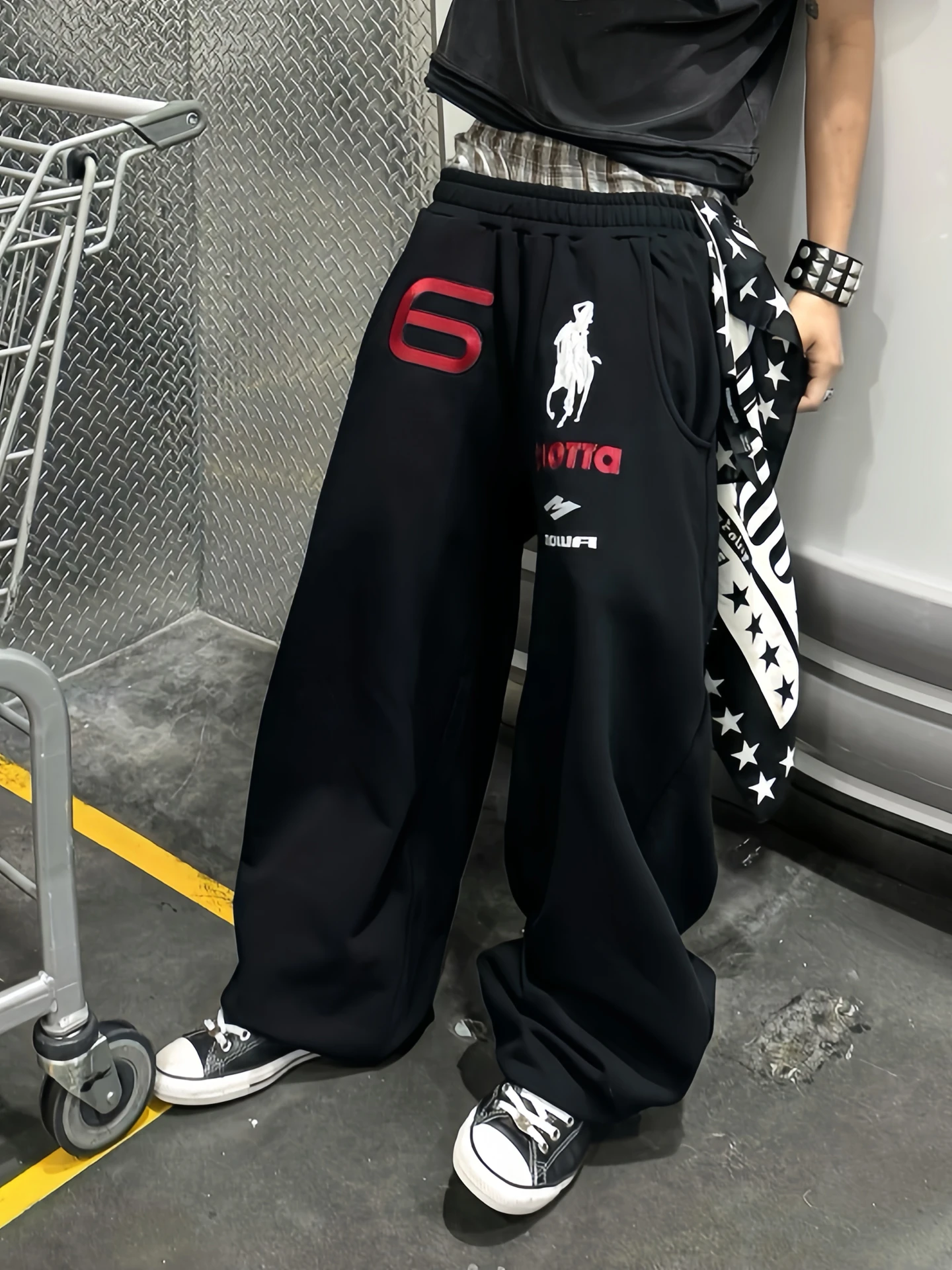 Mowalola American High Street Couple's Sports Casual Pants Dual Color Angel War  Loose Leggings Stitched Waist Cotton