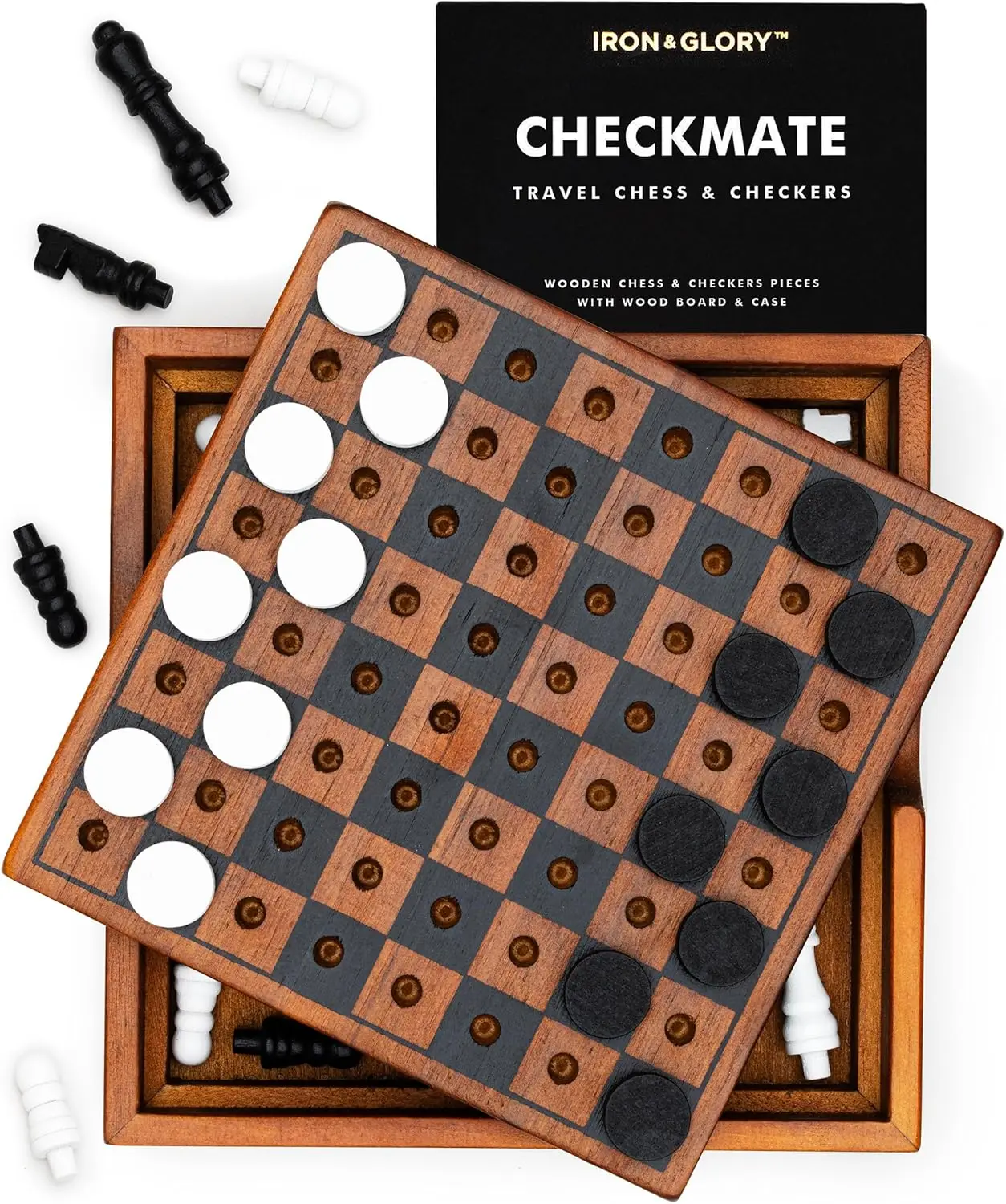 

Iron & Glory Chess & Checkers Set | Wooden Board Games for Family Night & Travel