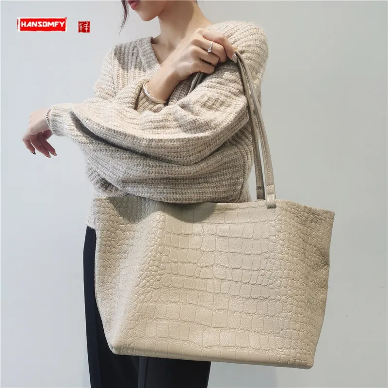 

Genuine Leather Women Handbags Tote Bag 2024 Fashion Commuter Shoulder Bag Large Capacity Crocodile Pattern Portable Tote Bags