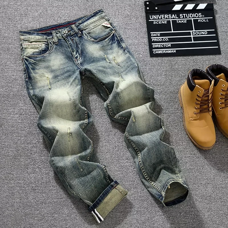 

Y2K Newly Designer Fashion Men Jeans Retro Washed Blue Stretch Slim Fit Ripped Jeans Men Vintage Denim Pants Casual Trousers