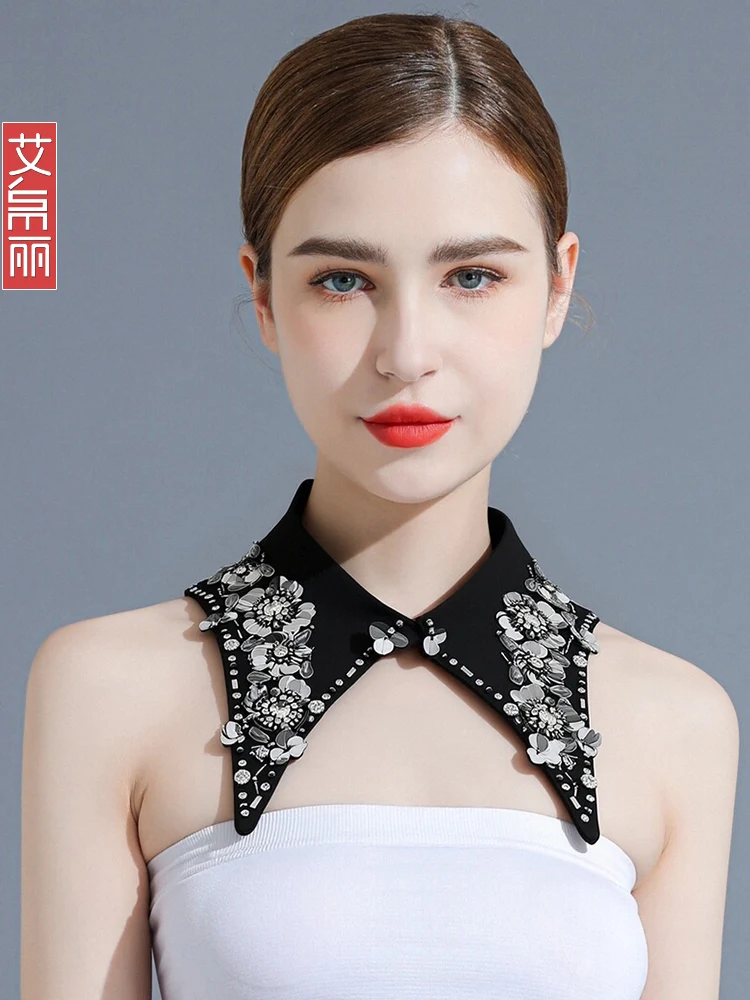 手作りビーズダイヤモンドフェイクカラーシャープカラーファッショナブルなハイエンドシングルフェイクシャツカラースプリングサマーオータムウィンター