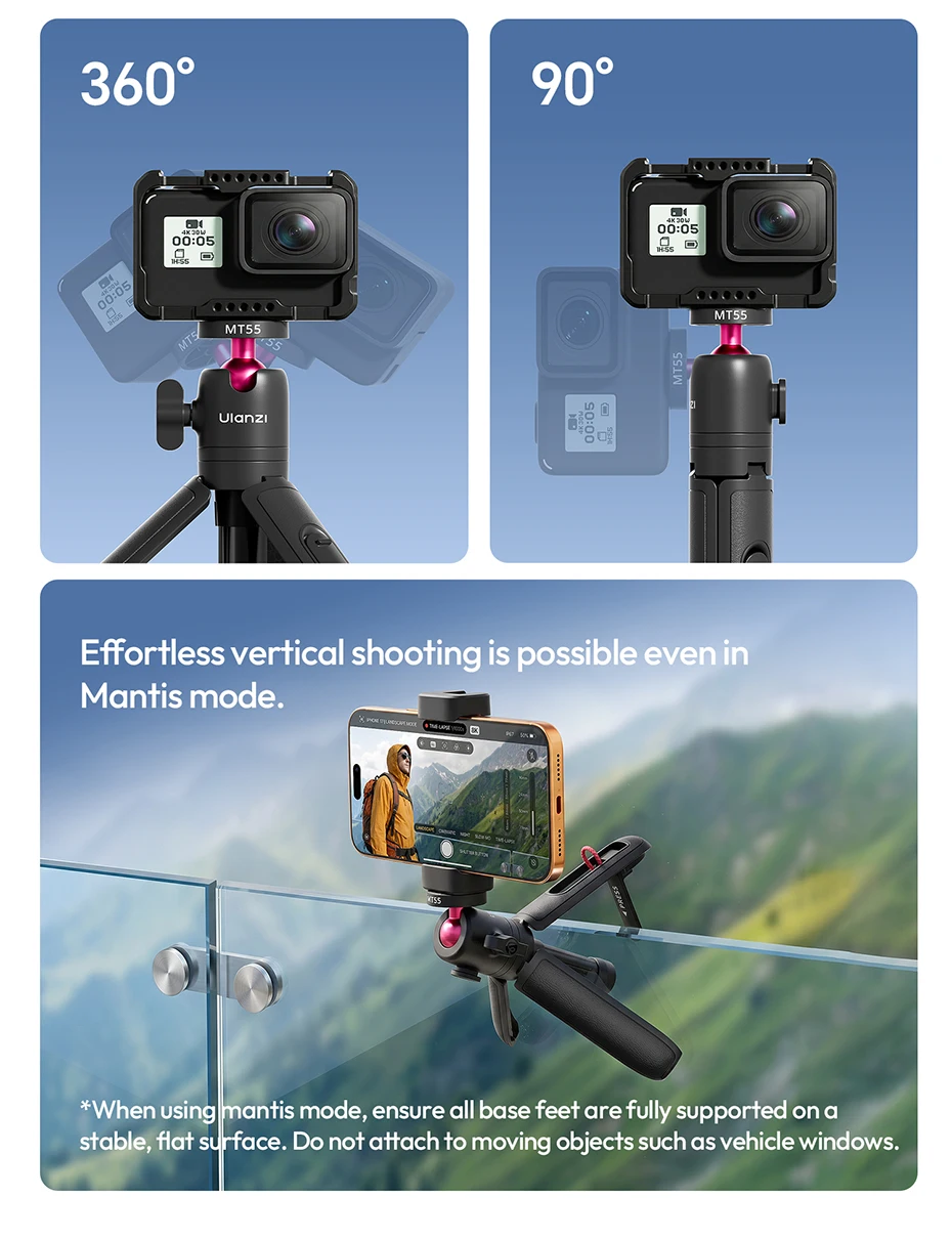Ulanzi MT55 SnapGo Mini Selfie-Stick Stativ 360 ° Verstellbarer Winkel Immersiver POV 1/4'' Halter für Kamera, Handy, Videoleuchte – Detail 14