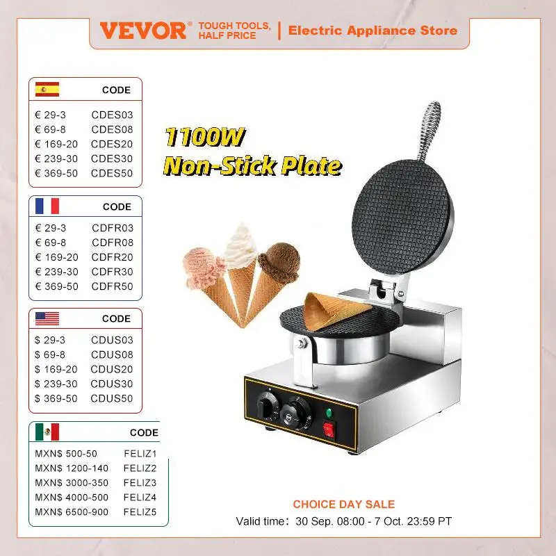 

VEVOR Commercial Electric Ice Cream Waffle Cone Maker Nonstick Egg Roll Waffle Cones Bowls Maker waffle iron cone machine