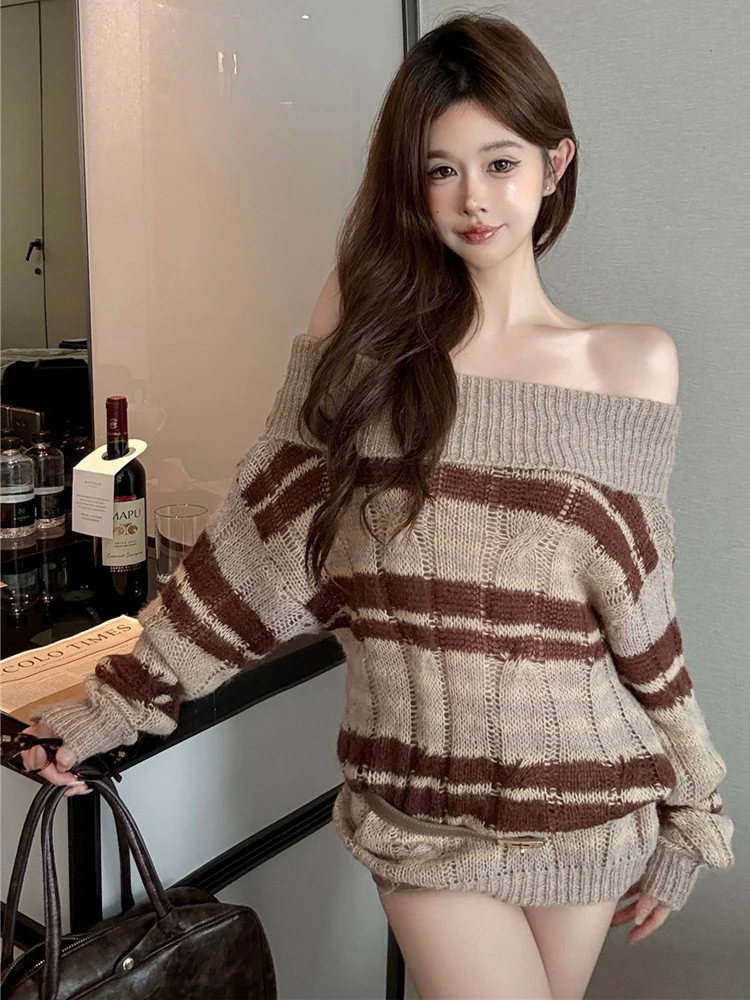 Suéter de Punto a Rayas Estilo Urbano, Un Hombro Descubierto, Hoado, Recto, Estilo Vintage, Informal