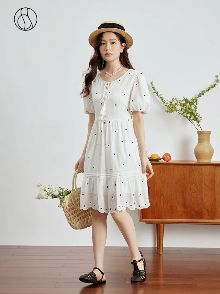 DUSHU Sweet Elegant High Waist Slimming Thin Dress for Women Summer Newly Round Neck Tea-break Knee-lengh Skirt for Female