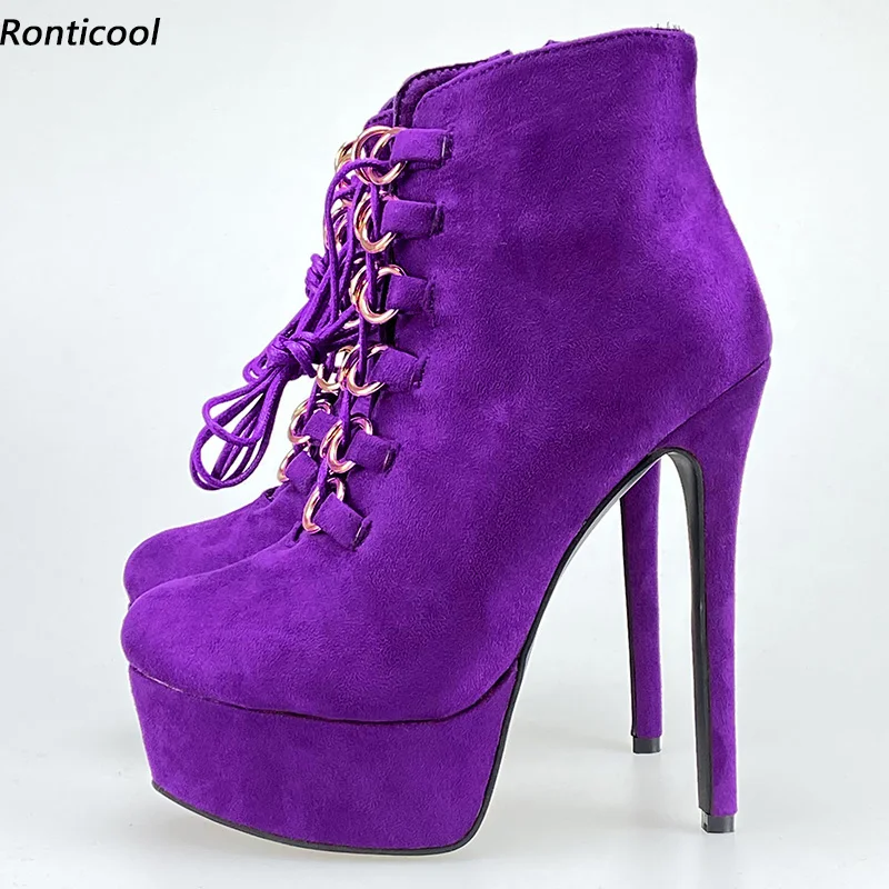 

Ronticool женские зимние ботильоны на платформе с боковой молнией на шпильке с круглым носком, фиолетовые, красные, цвета фуксии, вечерние туфли размера плюс США 5-20