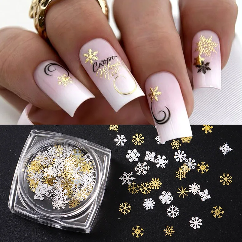 3D Christmas Snowflake Nail Art Glitter Flakes Mixed White Gold Silver Snowflake  Sequin Slices DIY Winter Nail Charms Decor