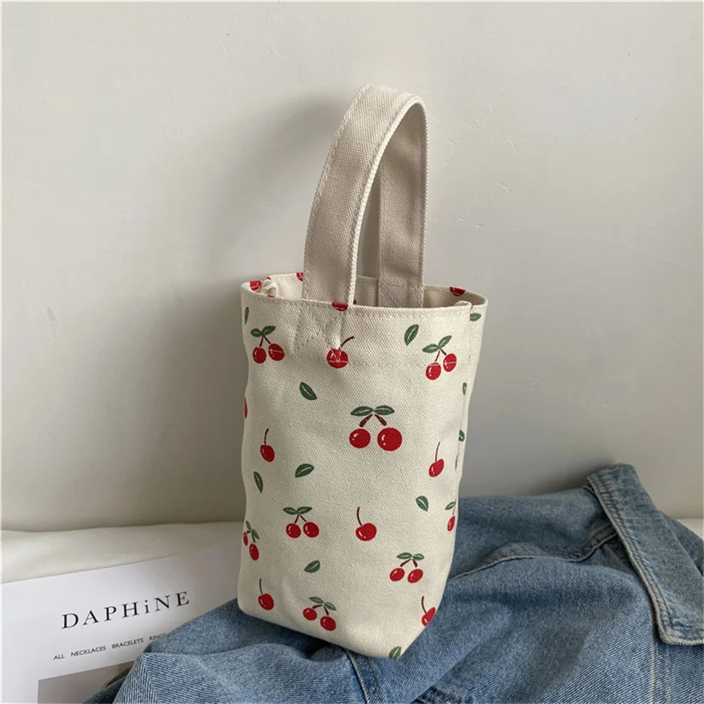 Cherry Printed Bag Eco-Friendly Canvas Handbag Reusable Coffee Cup Thermos Pouch Travel Portable Water Bottle Holder For Stanley