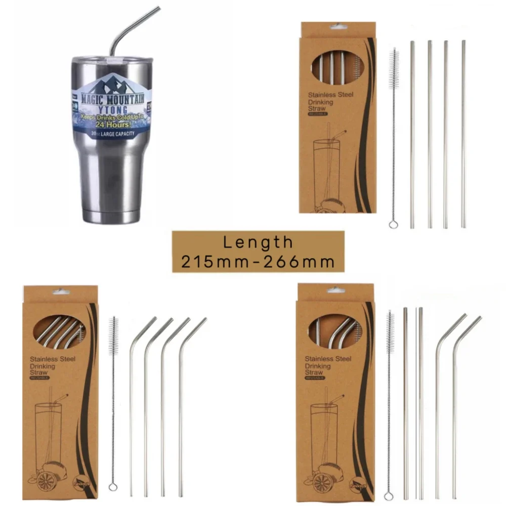 Drinking Reusable Straw Stainless Steel 5pcs Gift Set Cocktail Smoothie Bar Metal Straws Eco-Friendly Wide 6mm Cleaning Brush