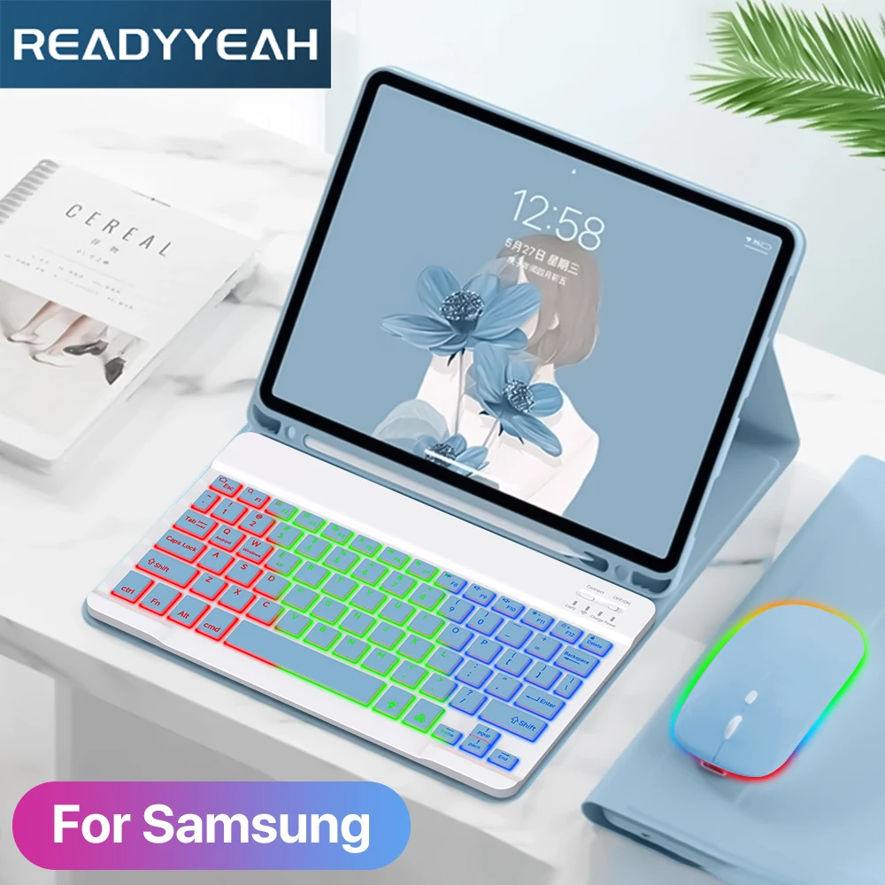 Pokrowiec na Samsung Galaxy Tab S6 Lite 10.4 S7 S8 S9 11 S7 FE S8 S9 Plus 12.4 z podświetlaną klawiaturą i myszką do Samsung funda