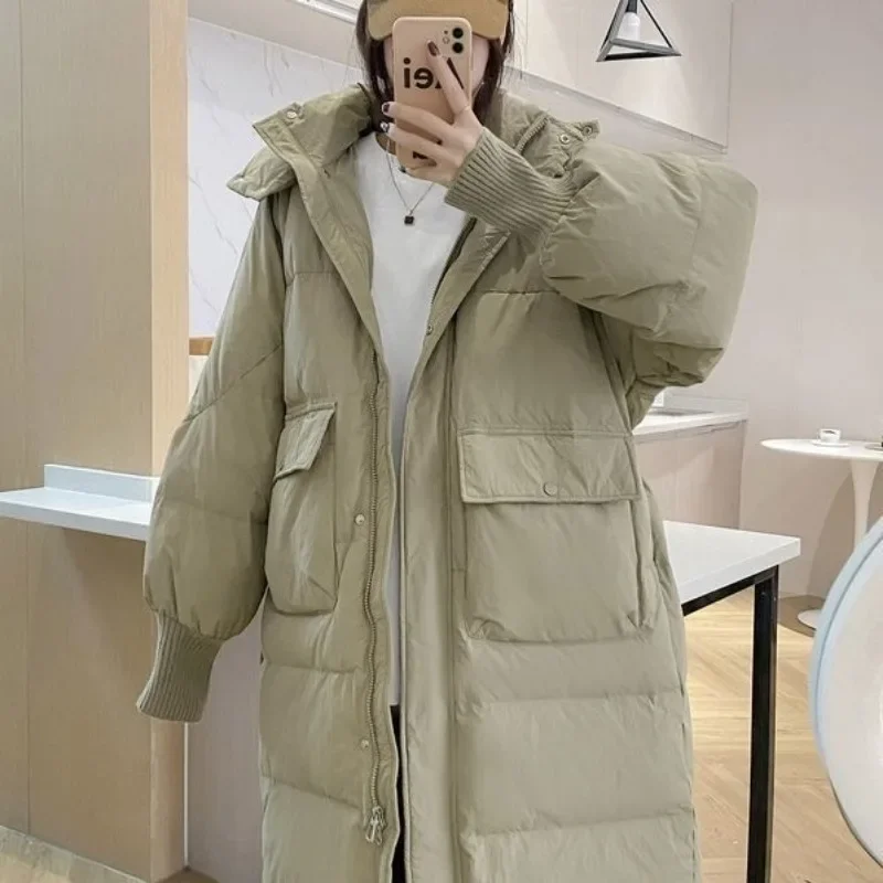 Casaco de inverno retrô grosso quente feminino, casaco branco de pato para baixo, Parkas longas, outerwear, marca, rosa, branco, preto, roupas femininas