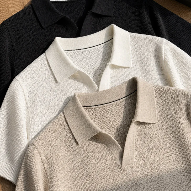 Men's Seagull Neck Short Sleeve 2026 Summer New Pullover Knitted Sweater Old Money Wind Lapel Short