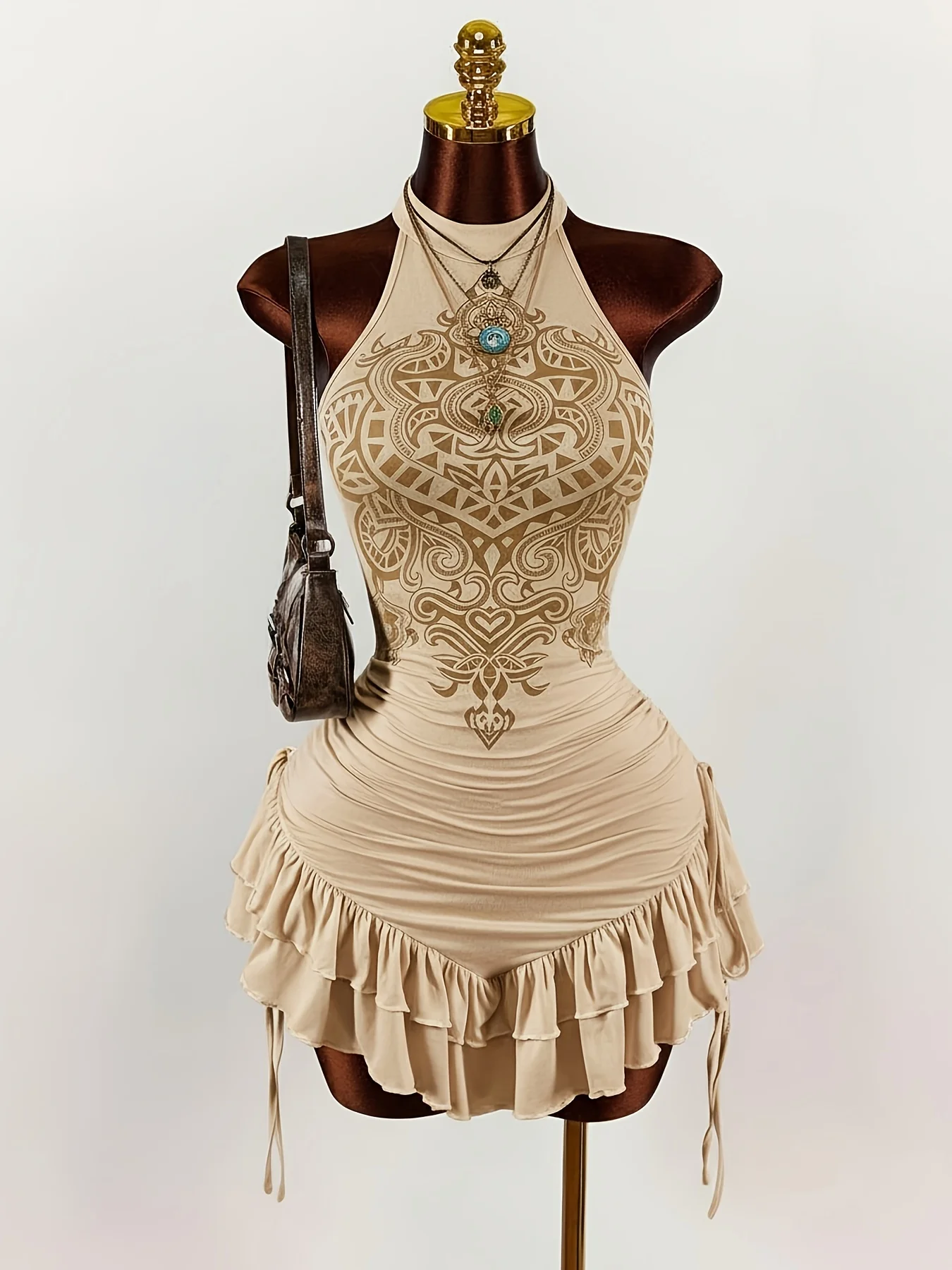 

Женское платье с принтом и завязками на шее, летний ретро-дизайн, с завышенной талией, плиссированное, с оборками, короткая юбка, облегающая бедра.