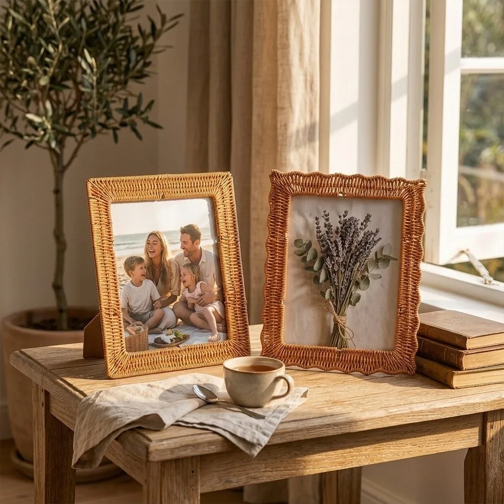 Boho Style Vintage Rattan Photo Frames 4x6 Inch PP Woven Wicker Photo Frames Handmade Rustic Charm Picture Frame Home Decoration