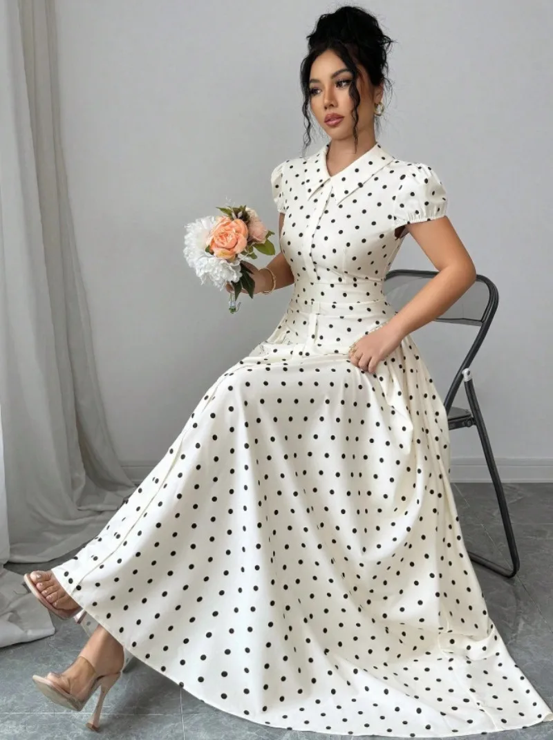 2026 Sommer Damen Französisches Retro Polka Dot Maxikleid Elegantes Revers Puffärmel Slim Fit A-Linien Langes Kleid für Dates, Alltag und Partys – Detail 7