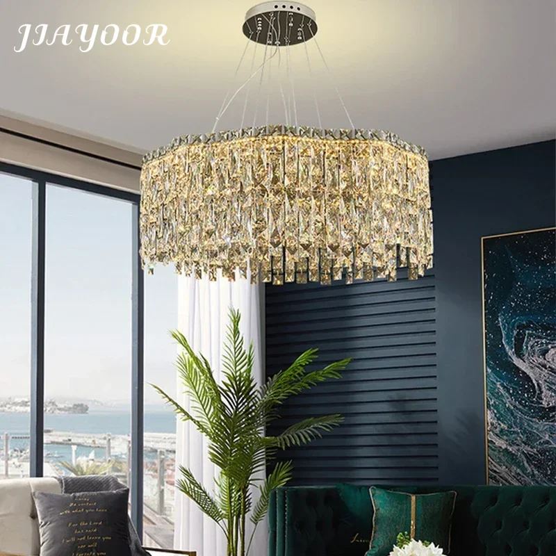 Modern Luxury Round Crystal Chandelier Living Room LED Light Fixture Hanging Lamp Home Decor Changeable Pendant Lighting Fixture