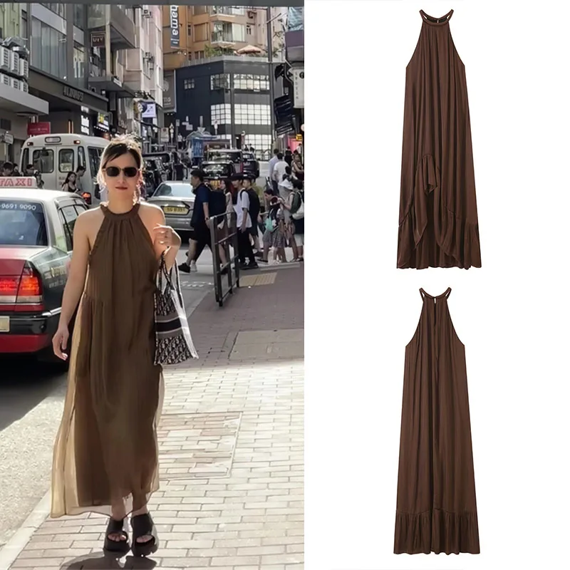 Guobioziy Women's Midi Dress 2026 Summer New Collection Brown Pleated Design European Style Casual＆Fashionable for Everyday wear