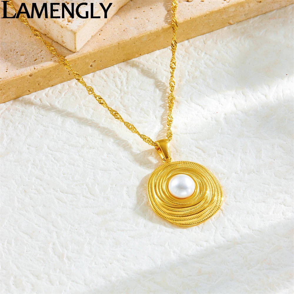 LAMENGLY 316L Stainless Steel White Pearl Golden Spiral Rope Disc Pendant Necklace For Women Girl Elegant Clavicle Chain Gifts