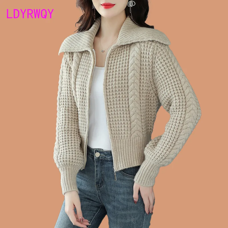 

2023 Autumn/Winter New Knitted Cardigan Thickened Thick Thread Sweater Coat Short Zipper Small Top Women