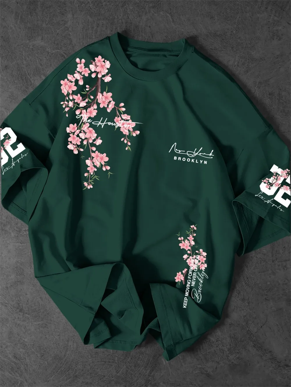 Amerikanisches Herren-Sommer-T-Shirt mit Kirschblüten- und Brooklyn-Schriftzug-Druck, bequem und atmungsaktiv, Rundhals, Outdoor-Street-Top – Detail 9