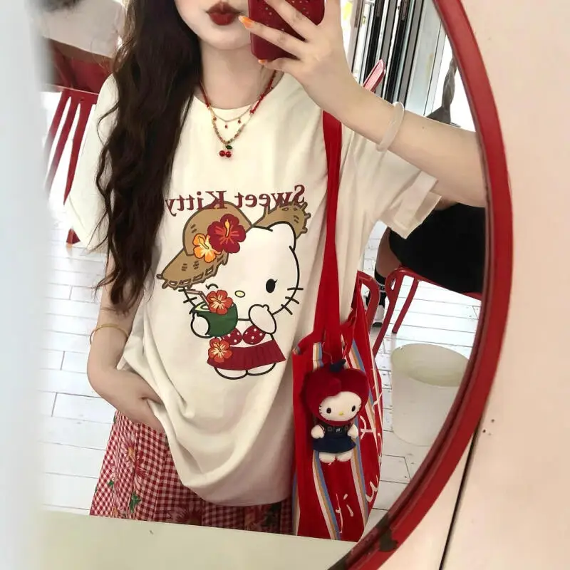 Short-Sleeved T-Shirt Summer New Hello Kitty Printed Cartoon Cute Sanrio Half-Sleeved T-Shirt Pure Cotton Shirt Women's Tops