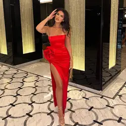 New Red Prom Dresses Stain Women Robe Photoshoot Gowns Elegant Big Flower Appliqued Formal Evening Dress High Slit Gala Robes