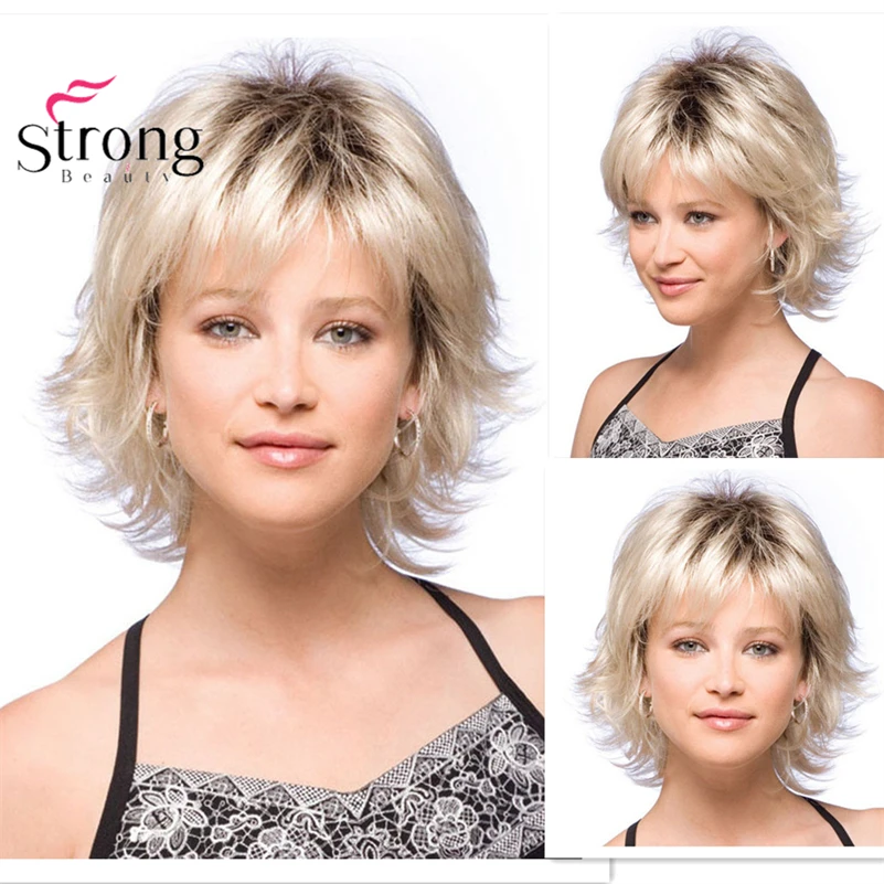 StrongBeauty peruka krótka blond Mix wzburzone warstwy odwrócone końce pełne peruki syntetyczne zamówienie mix