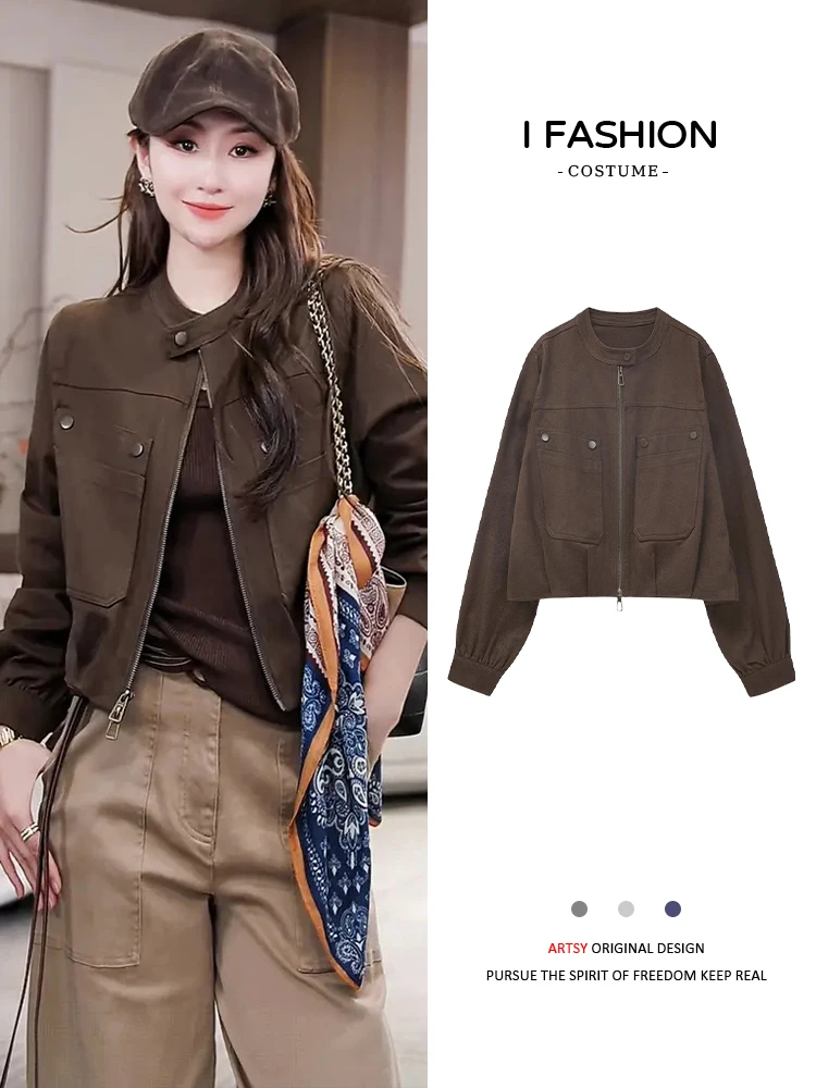 

Retro Sle ort Casual Jaet Women's Faion Slimming Stand Collar Beautiful Coat Top for Early Autumn Ele Youthful