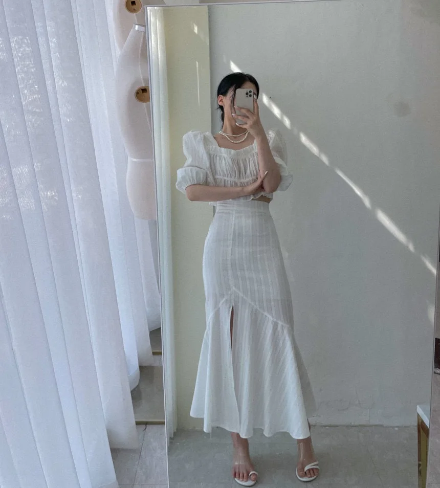 SM Elegant Chic ชุดกระโปรงผู้หญิงเกาหลี 2 ชิ้นชุด 2025 ฤดูร้อนสแควร์คอพัฟแขนเสื้อ + เอวกระโปรงหางปลา (hf1302