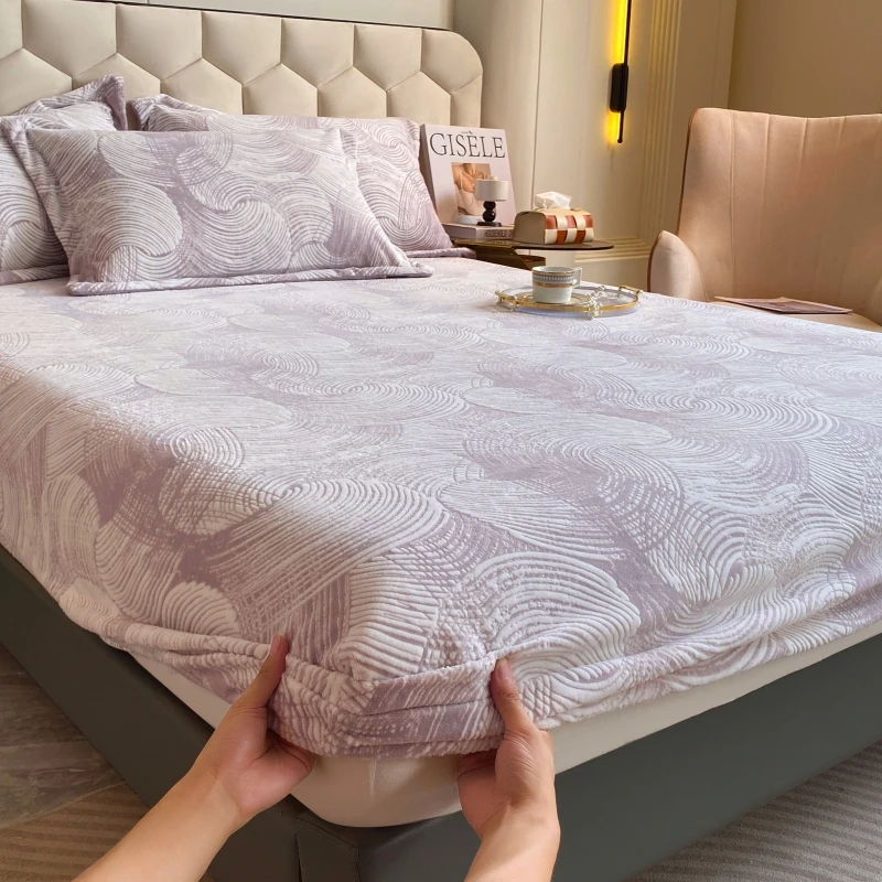 3pcs Purple Milk Velvet Fitted Sheet Set Home Luxury Warm Single Bedding with 2 Pillowcases Solid Color Circle Pattern Bed Cover