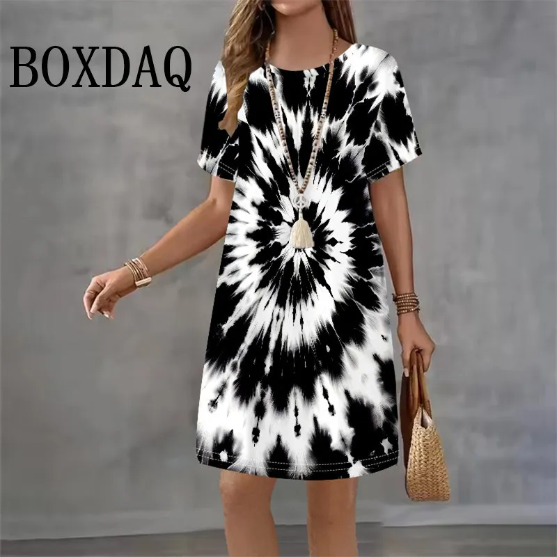 

Tie Dye Abstract Print Dresses For Women 2025 Summer Dress Plus Size Casual Short Sleeve Loose Mini Dress 9XL Big Size Clothing